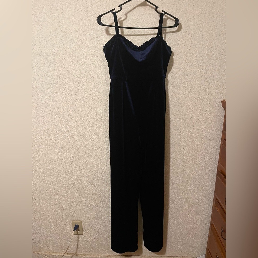 Blue Rain Velvet Cami Jumpsuit Navy Blue Ruffle Trim Spaghetti Strap M NYE Party